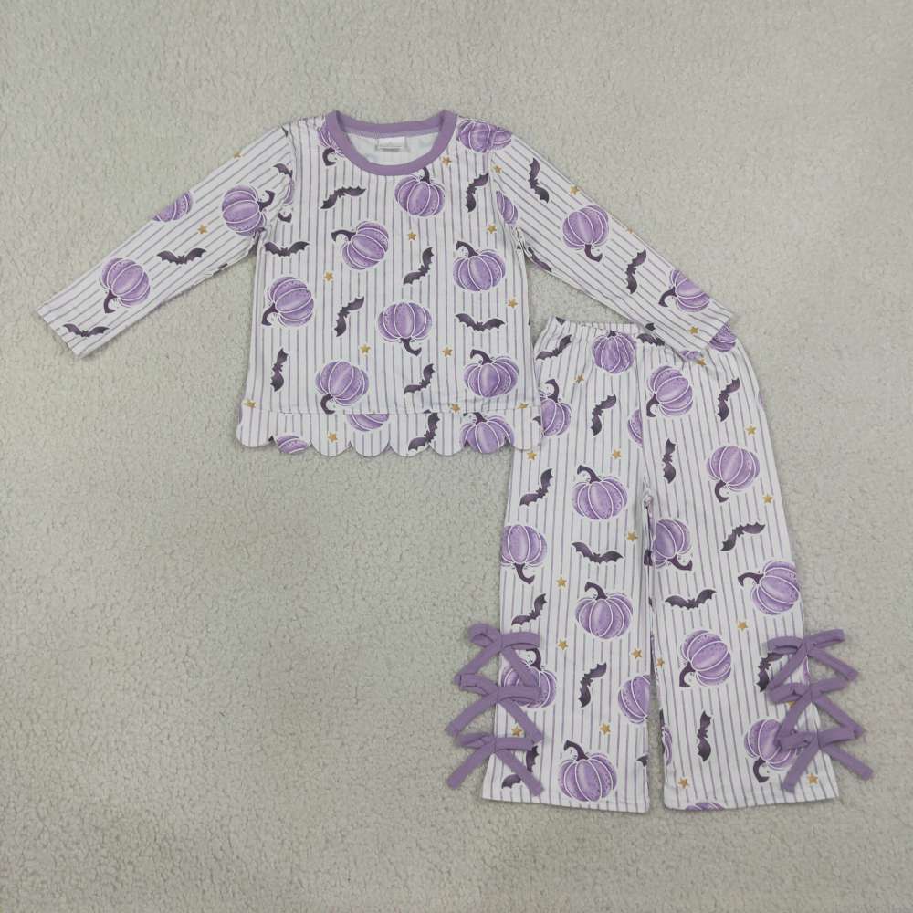 GLP3438  Purple stripe pumpkin bats Print long sleeve halloween girl outfits