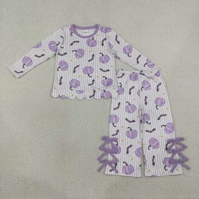 GLP3438  Purple stripe pumpkin bats Print long sleeve halloween girl outfits