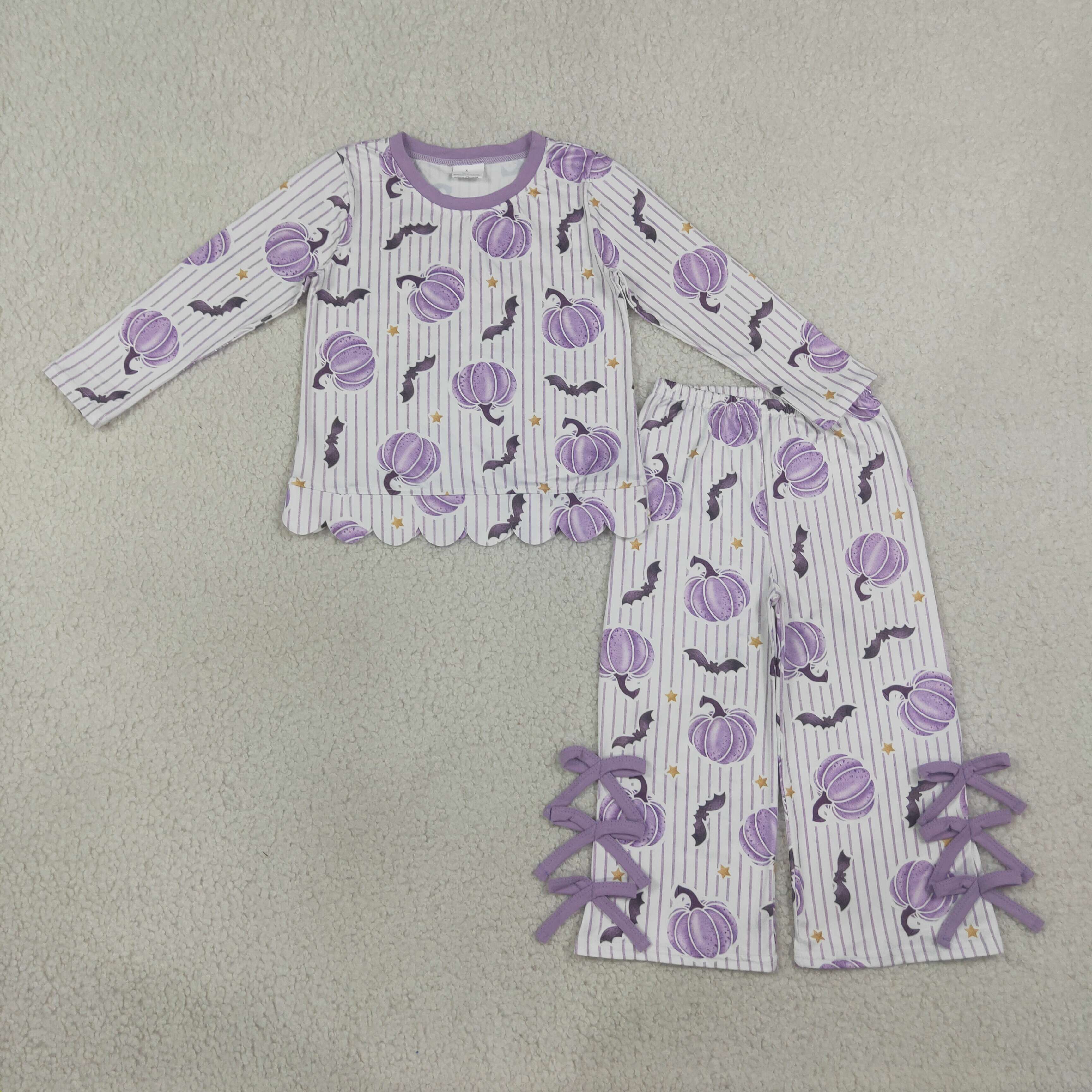 GLP3438  Purple stripe pumpkin bats Print long sleeve halloween girl outfits
