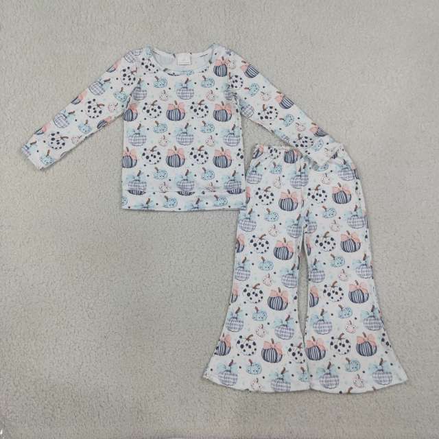 GLP3403  pumpkin Bows Print long sleeve fall season girl outfits