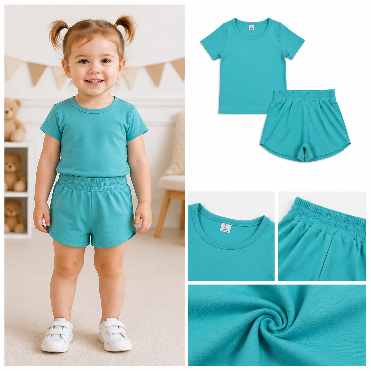 GSSO3771 Baby Girls cyan solid  short Sleeveless Top athletic  Short Sets