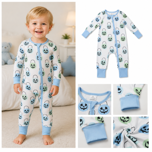 LR2534  Baby Blue Halloween pumpkin Long sleeve fall Rompers