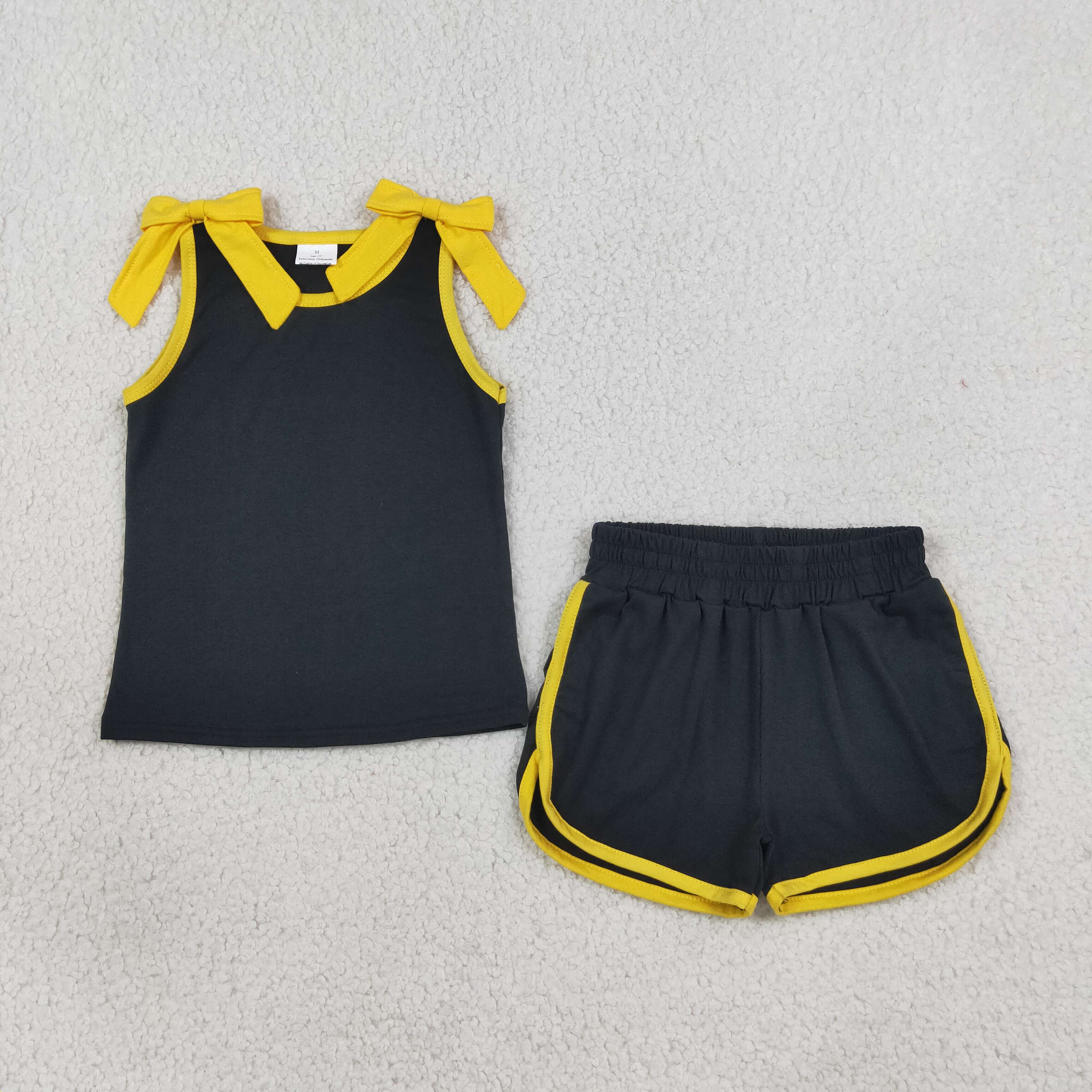 GSSO3823 Baby Girls Black yellow Sleeveless Top Short Team Clothes Sets
