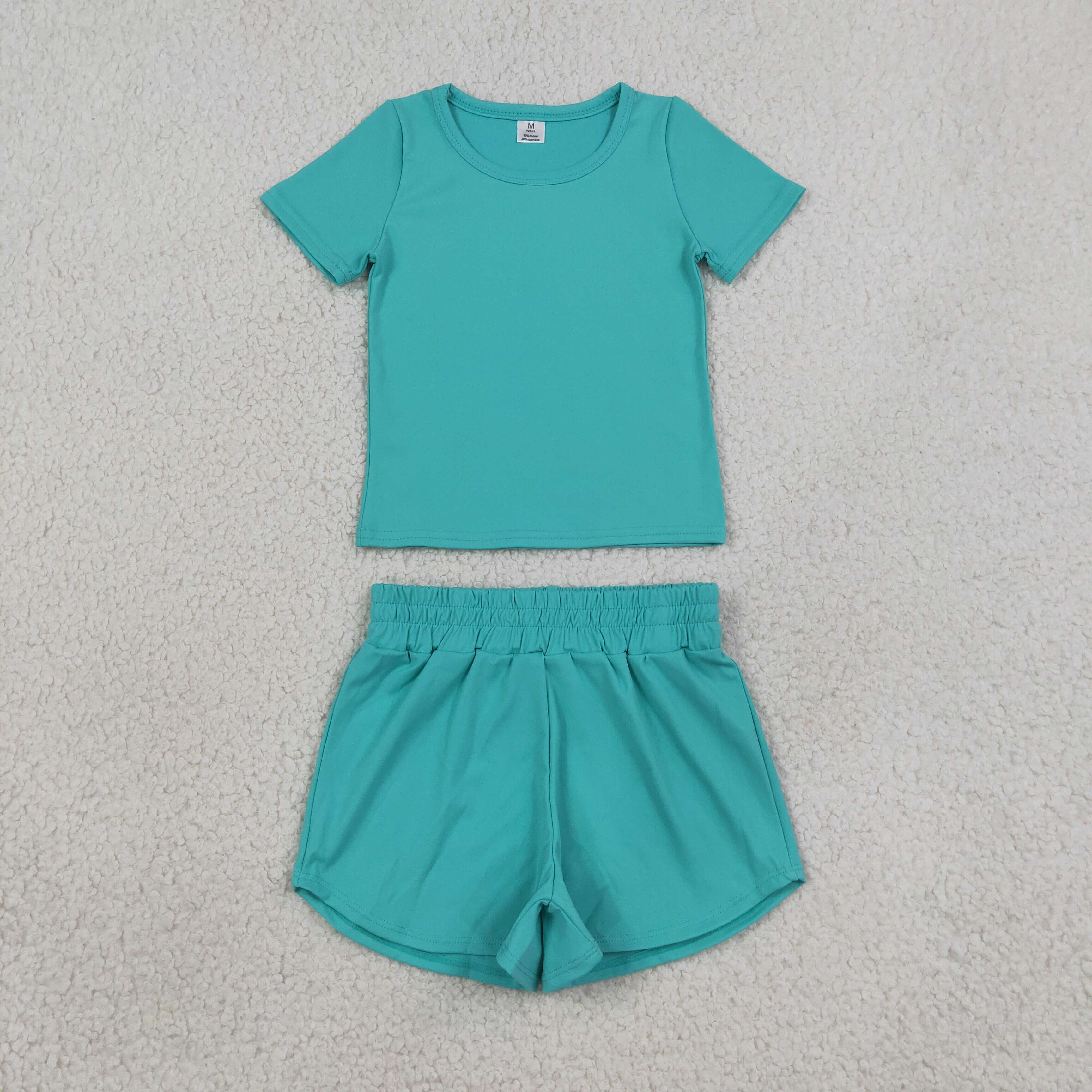 GSSO3771 Baby Girls cyan solid  short Sleeveless Top athletic  Short Sets