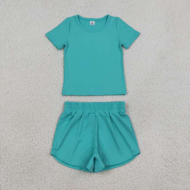 GSSO3771 Baby Girls cyan solid  short Sleeveless Top athletic  Short Sets