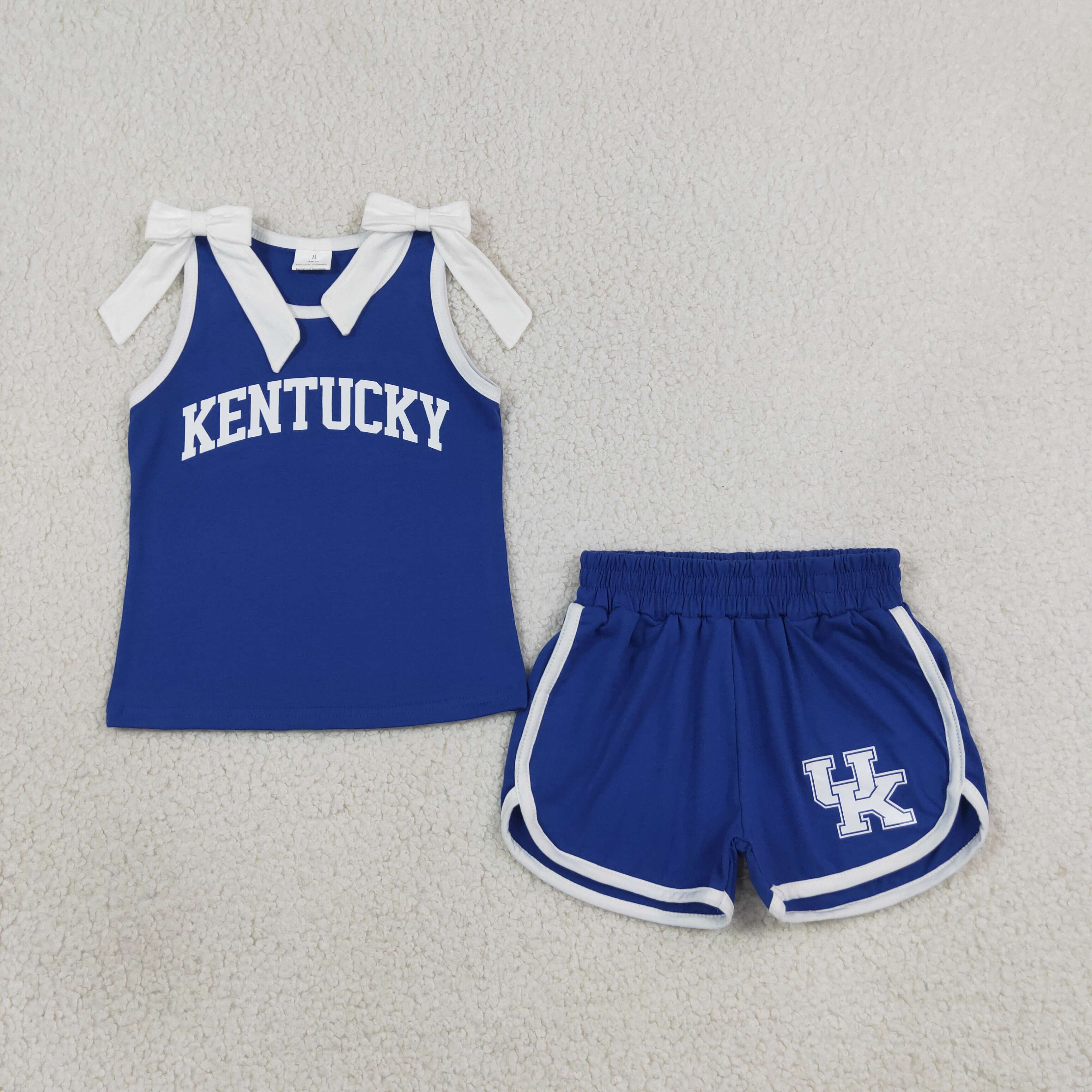GSSO3830 Baby Girls White Bows blue Sleeveless Top Short Team KU Clothes Sets