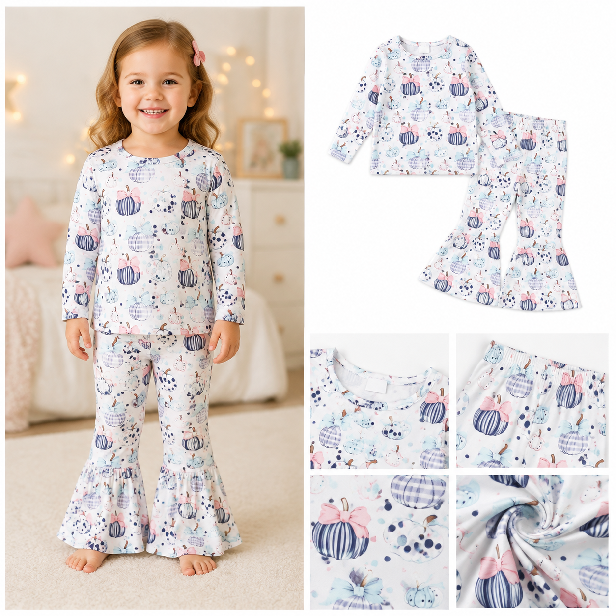 GLP3403  pumpkin Bows Print long sleeve fall season girl outfits