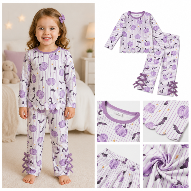 GLP3438  Purple stripe pumpkin bats Print long sleeve halloween girl outfits