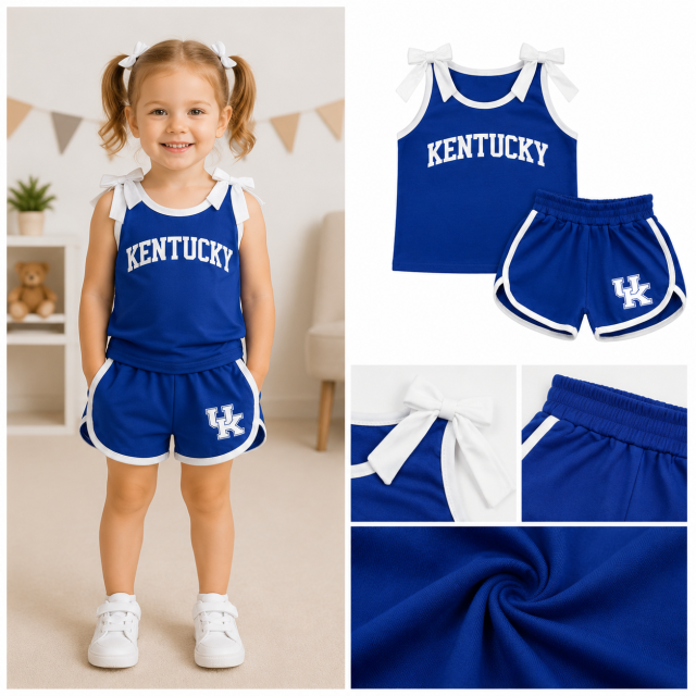GSSO3830 Baby Girls White Bows blue Sleeveless Top Short Team KU Clothes Sets
