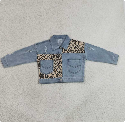 GT1730 Leopard print patchwork button denim jacket