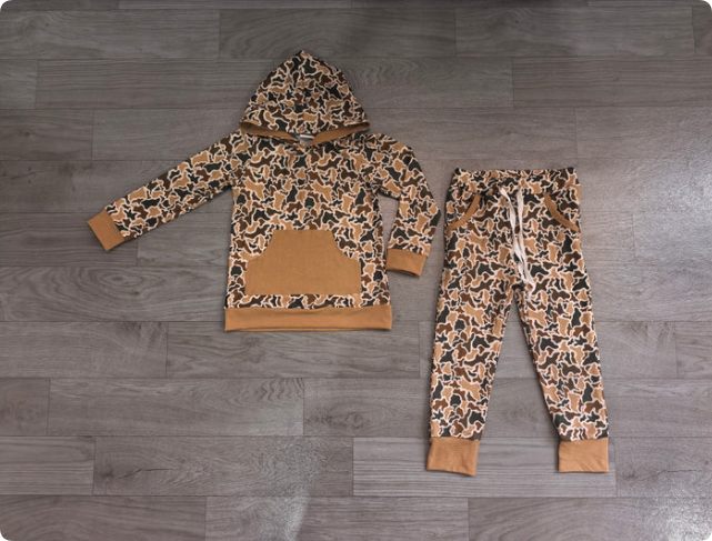 Baby Boys Khaki Camo Pocket Hoodie Jogger Pants Hunting Clothes Set Preorder