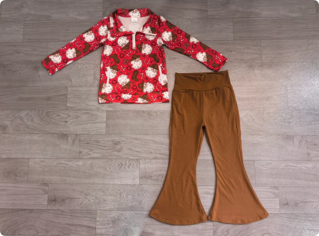 Baby Girls Holly Santa Zip Pockets Pullovers Flare Pant Christmas Clothes Set Preorder