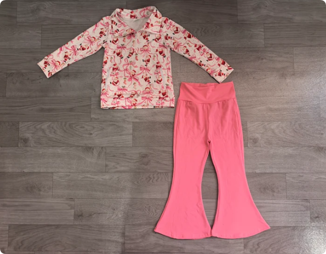 Baby Girls Bows Santa Zip Pockets Pullovers Flare Pant Christmas Clothes Set Preorder