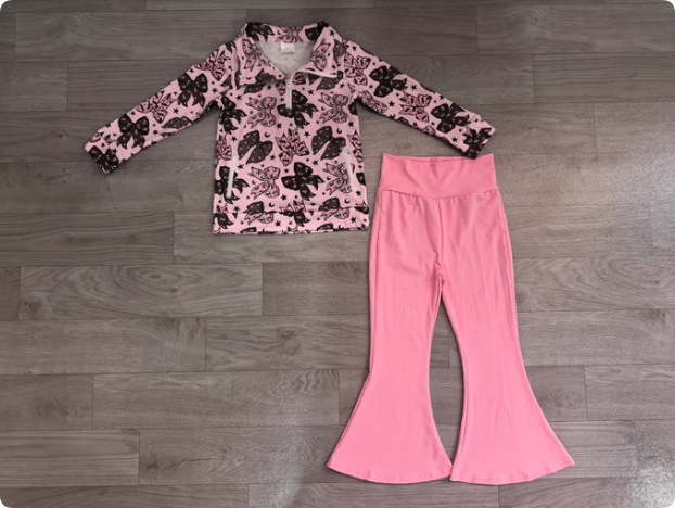 Baby Girls Bats Bows Zip Pockets Pullovers Flare Pant Halloween Clothes Set Preorder