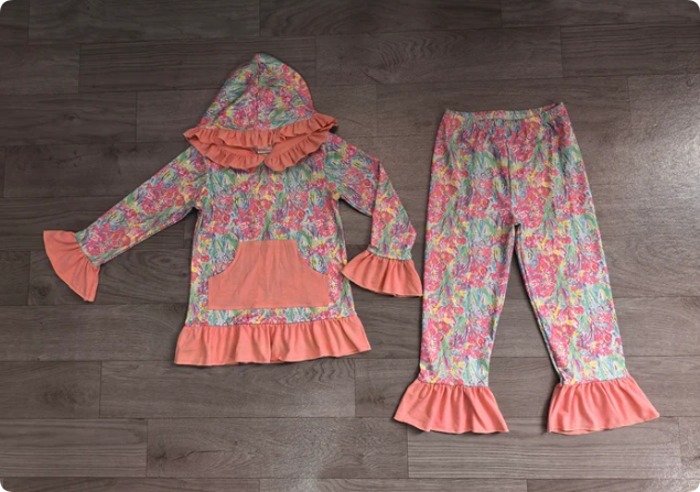 Baby Girls Sea Plants Pocket Ruffle Hoodie Pants Clothes Sets Preorder