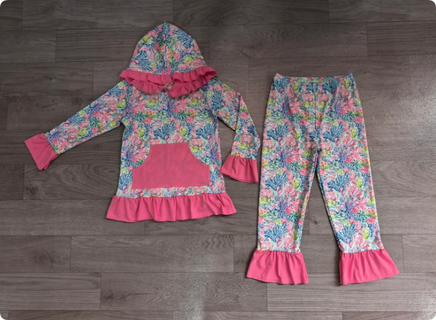 Baby Girls Sea Plants Pocket Ruffle Hoodie Pants Clothes Sets Preorder