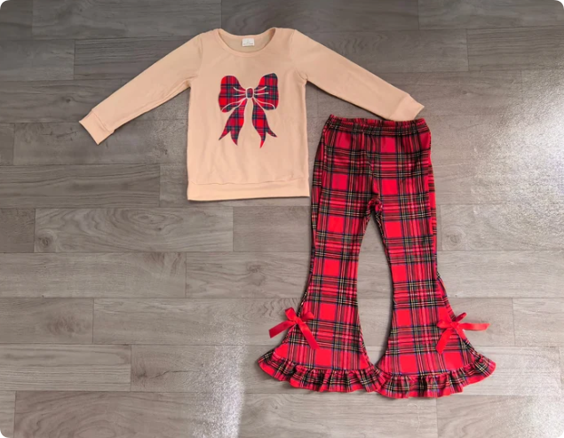 Embroidery Checked Bows Baby Girls Top Ruffle Pant Christmas Clothes Sets Preorder
