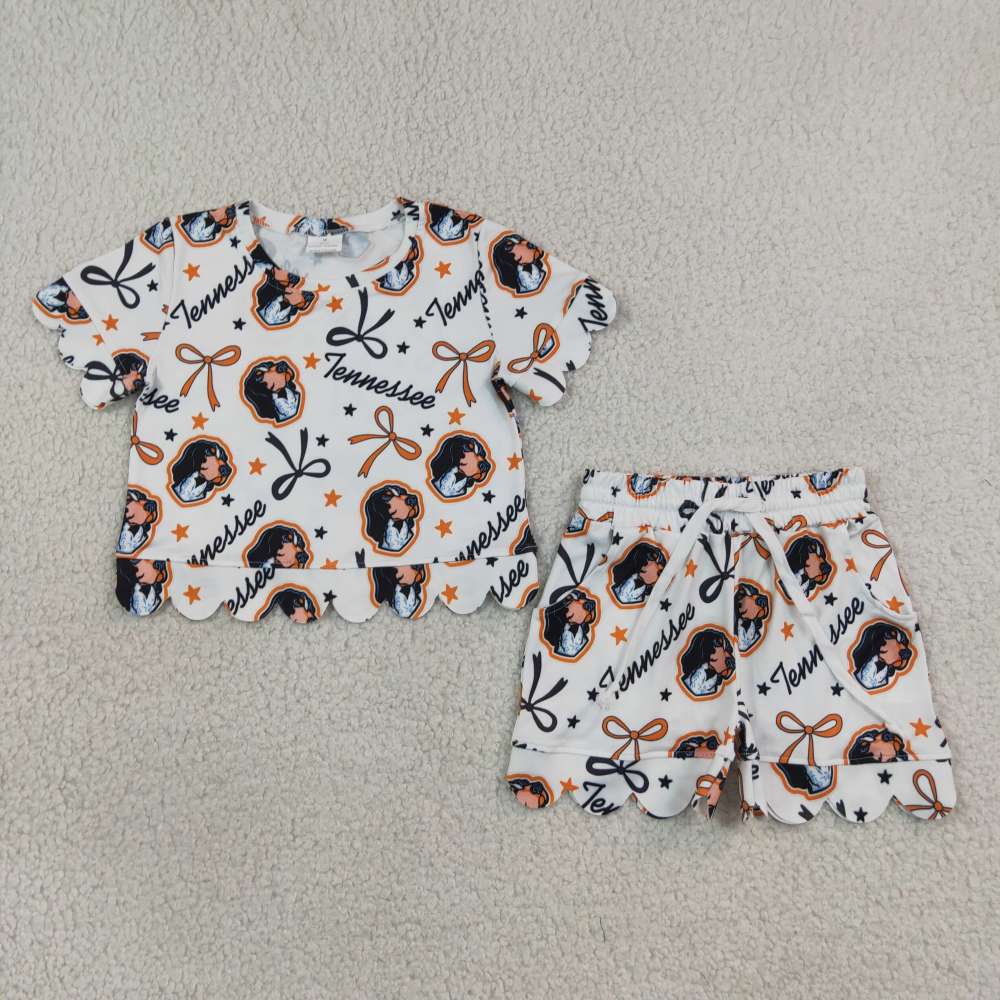 GSSO3251 Tennessee puppy stars bows Print Short sleeve girl school team SCALLOP  outfits