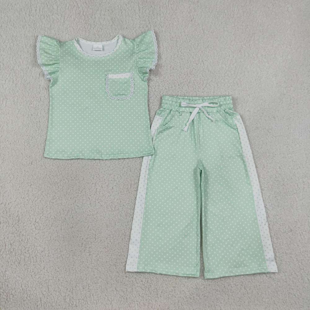 GSPO2332 light green polka bows Print flying sleeve girl outfits