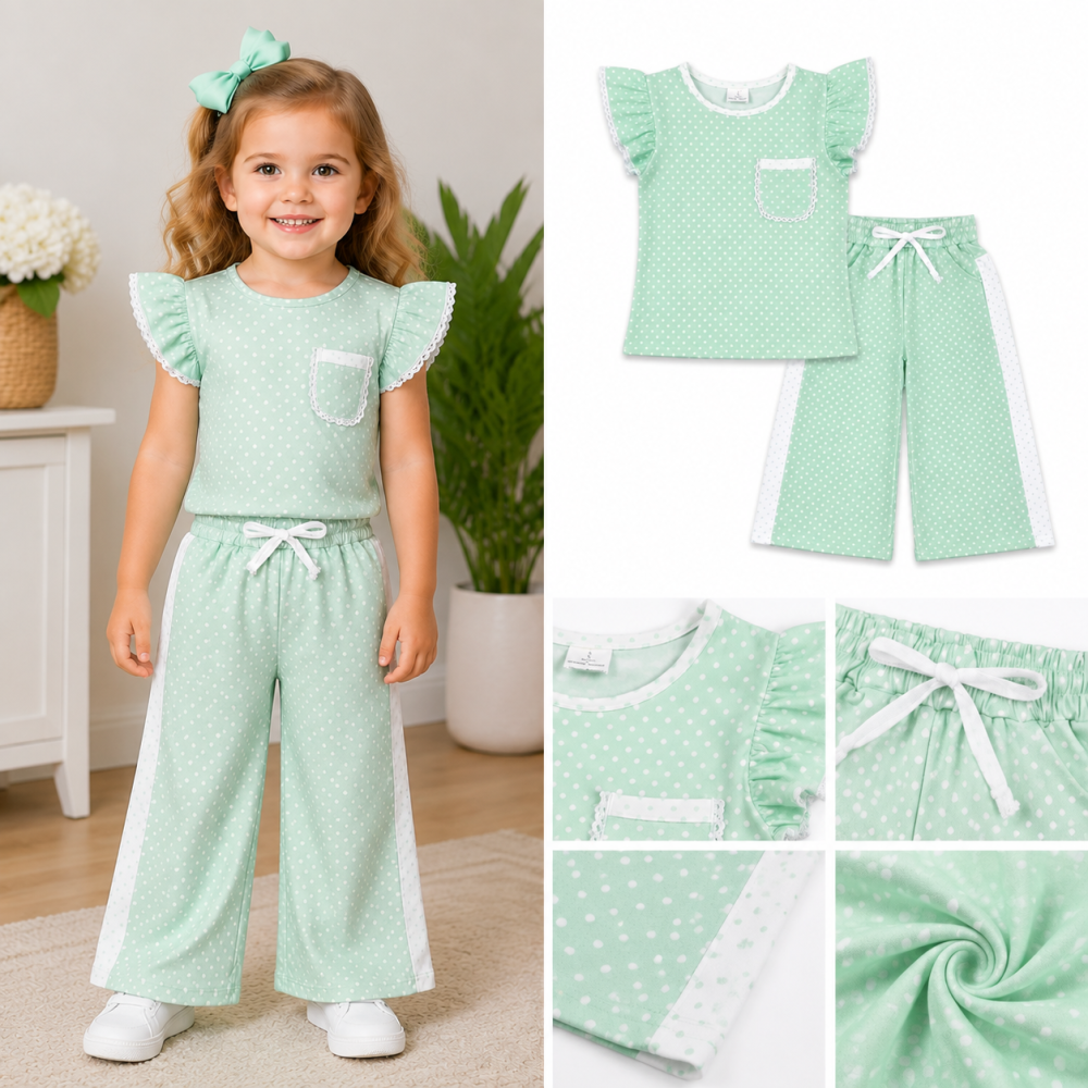 GSPO2332 light green polka bows Print flying sleeve girl outfits