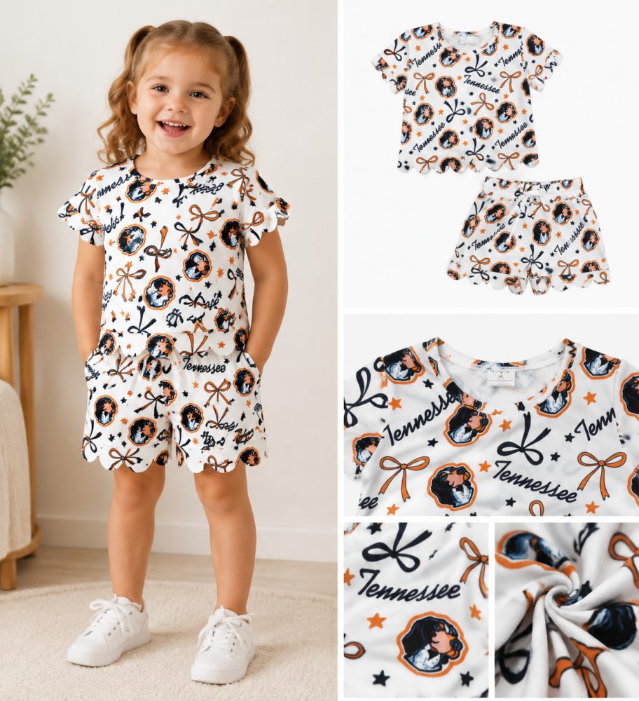 GSSO3251 Tennessee puppy stars bows Print Short sleeve girl school team SCALLOP  outfits