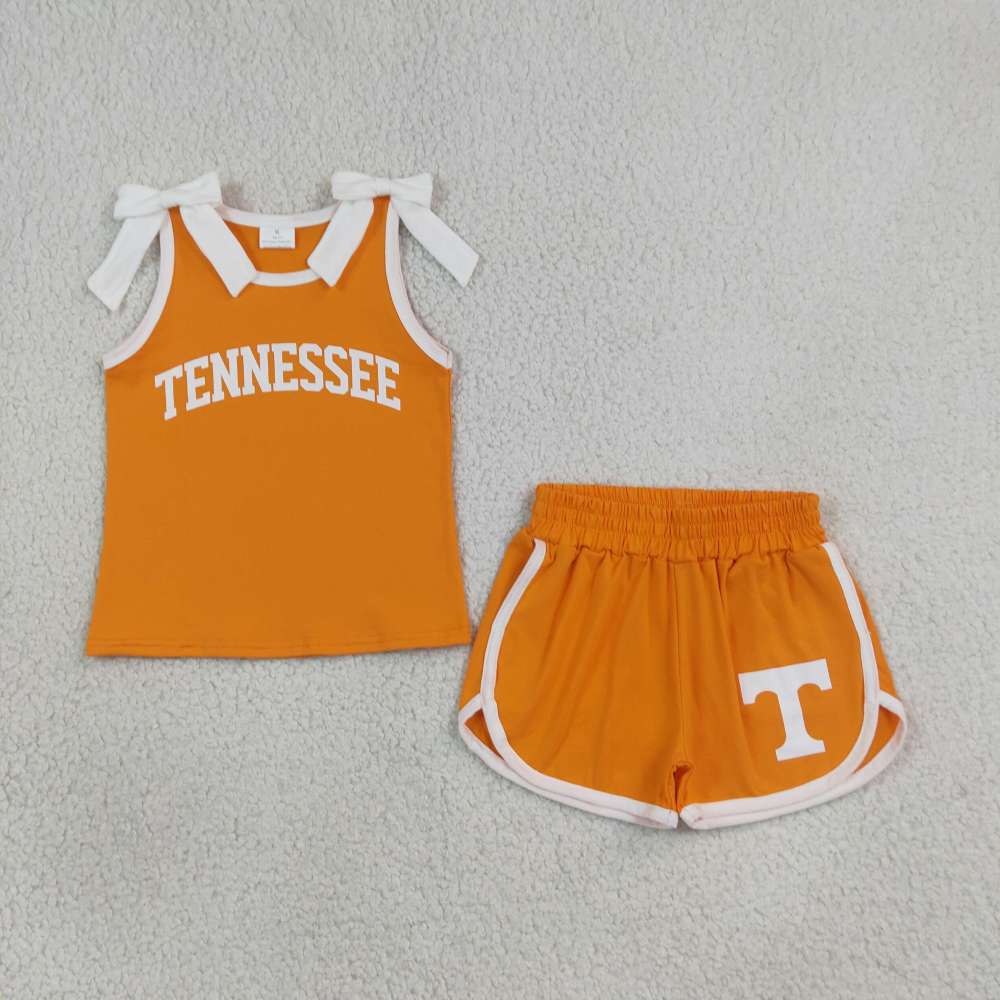 GSSO3829  Baby Girls White Bows Orange Sleeveless Top Short  Tennessee school Team Clothes Sets