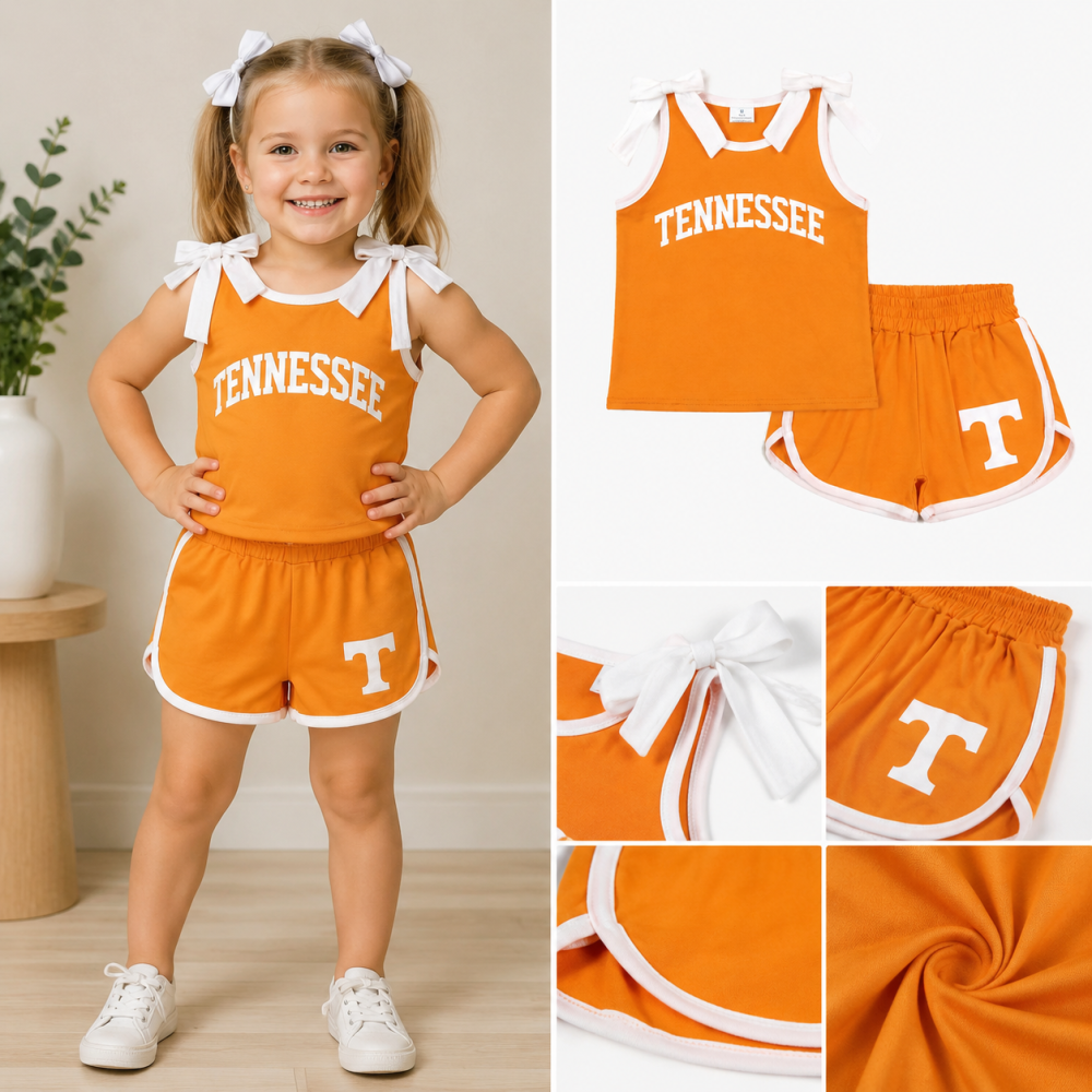 GSSO3829  Baby Girls White Bows Orange Sleeveless Top Short  Tennessee school Team Clothes Sets