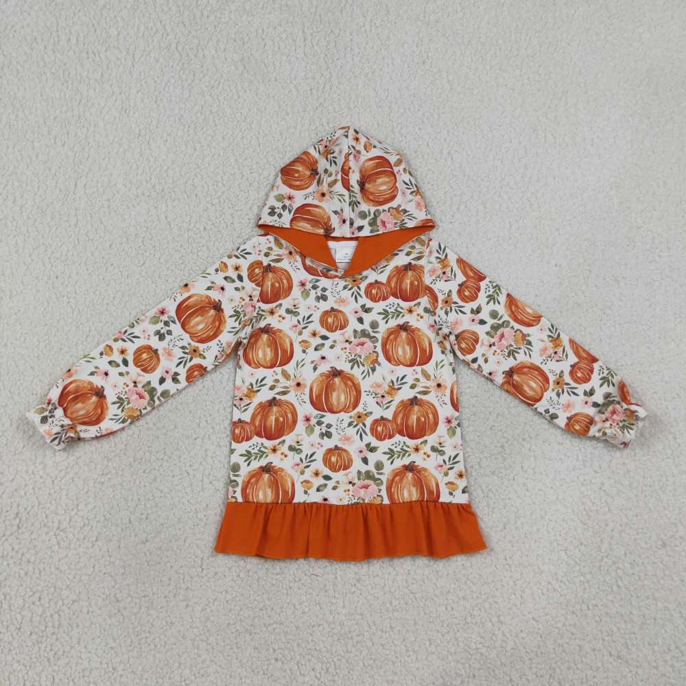 GT1647  Orange puumpkin Leaves print girl long sleeve zipper pullover