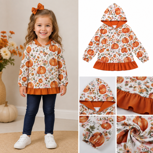 GT1647  Orange puumpkin Leaves print girl long sleeve zipper pullover