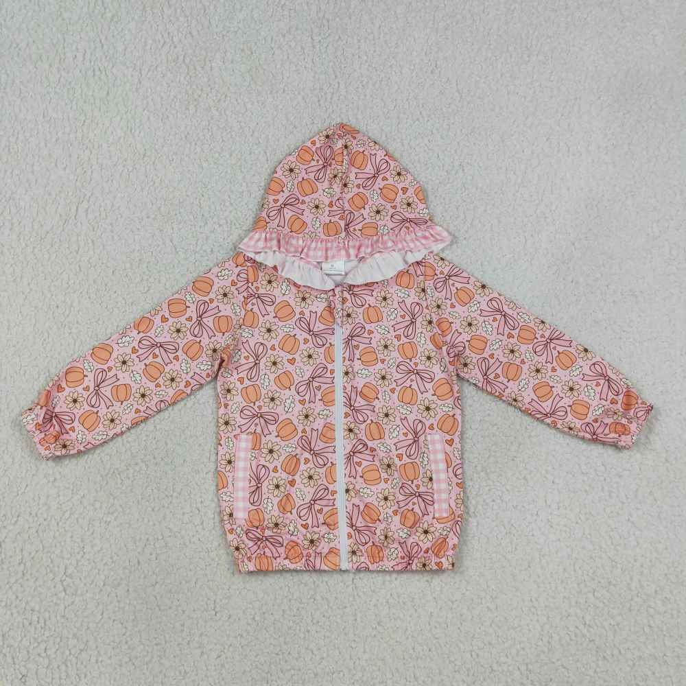 GT1661 Pink flowers pumpkin Leaves print girl long sleeve zipper hoodie pullover