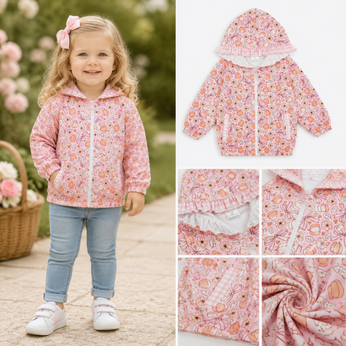 GT1661 Pink flowers pumpkin Leaves print girl long sleeve zipper hoodie pullover