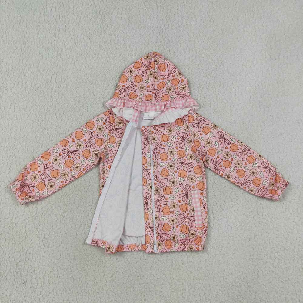 GT1661 Pink flowers pumpkin Leaves print girl long sleeve zipper hoodie pullover