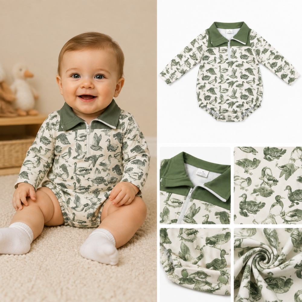 LR3050 Baby GREEN duck zipper-up long sleeve Rompers