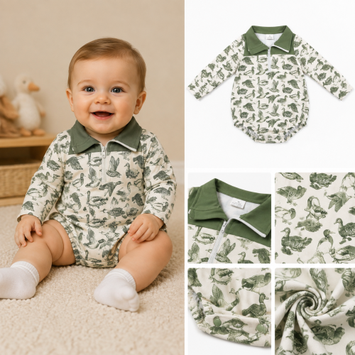 LR3050 Baby GREEN duck zipper-up long sleeve Rompers