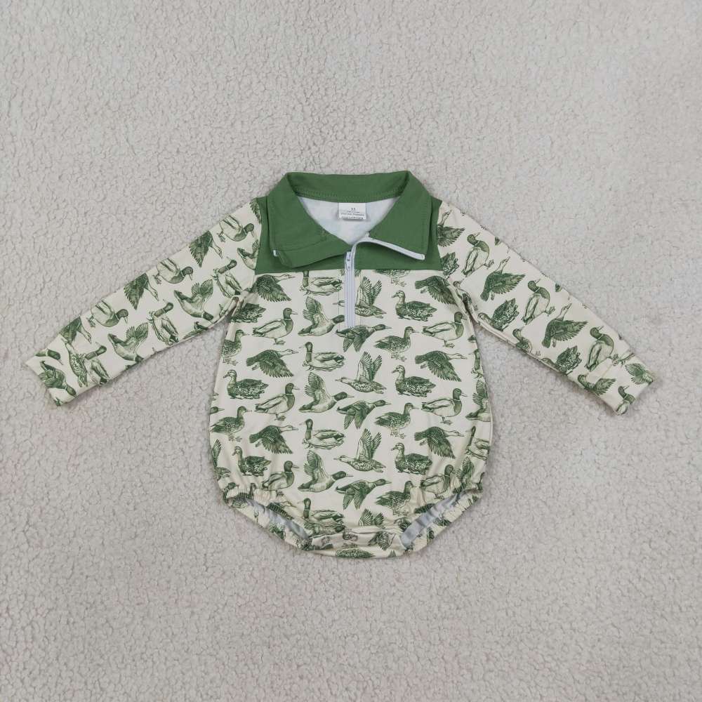 LR3050 Baby GREEN duck zipper-up long sleeve Rompers