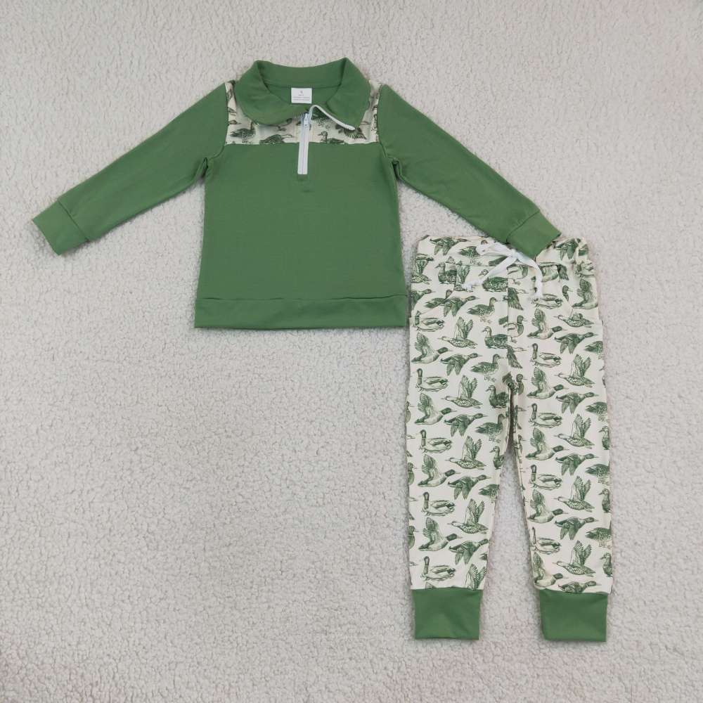BLP1449  RTS green duck long sleeve boy zipper up outfits