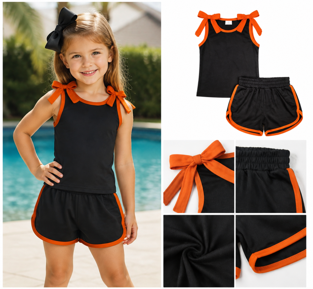 GSSO3822 Baby Girls orange Bows black Sleeveless Top Short school Team Clothes Sets