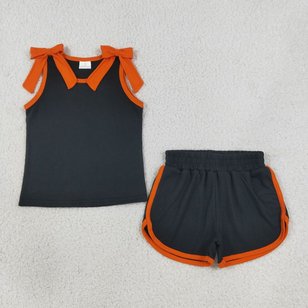 GSSO3822 Baby Girls orange Bows black Sleeveless Top Short school Team Clothes Sets