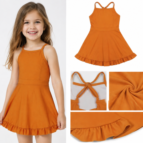 S0780 RTS Orange solid floral trim print active girl yoga dress