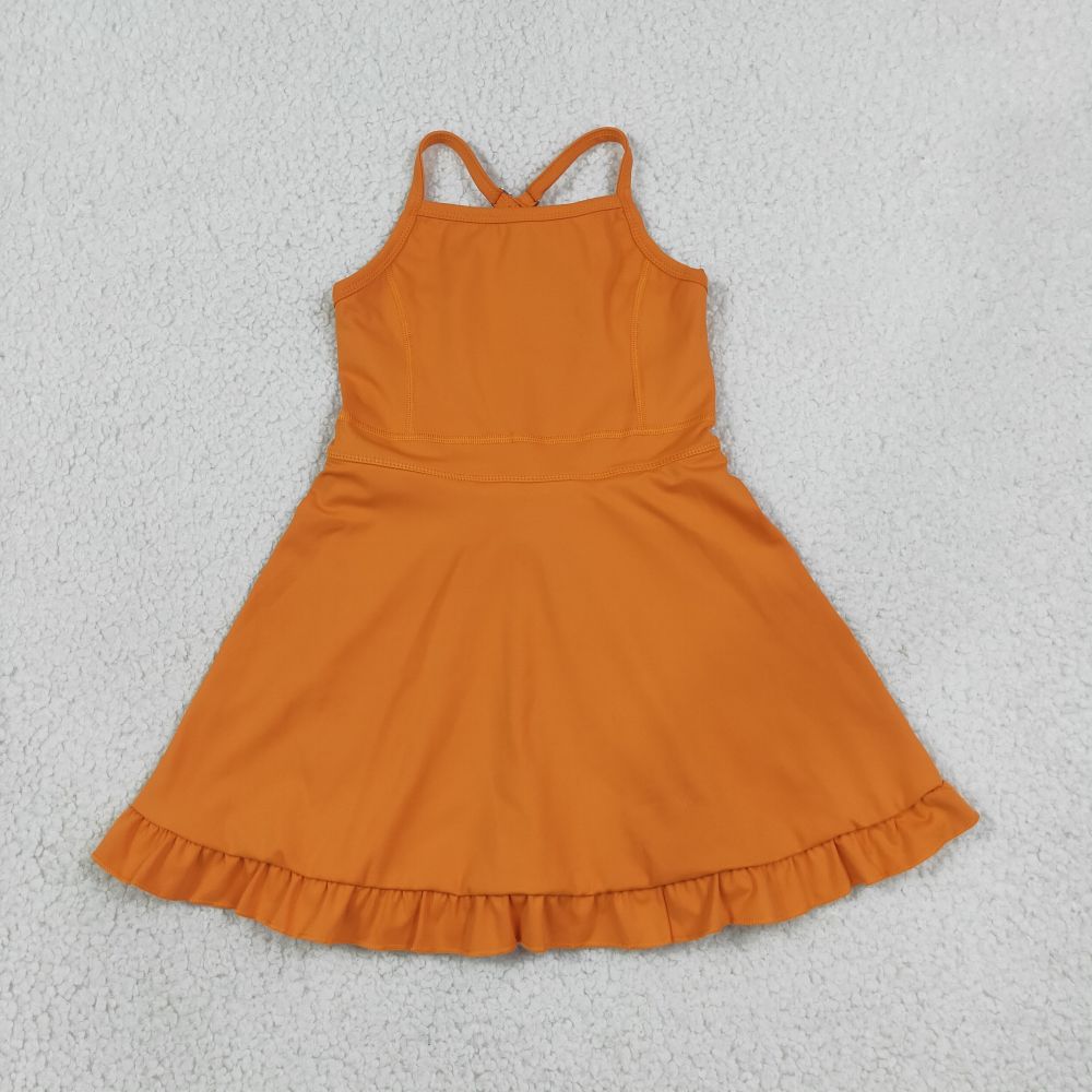S0780 RTS Orange solid floral trim print active girl yoga dress