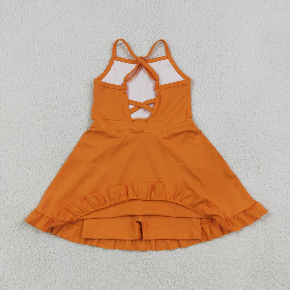 S0780 RTS Orange solid floral trim print active girl yoga dress