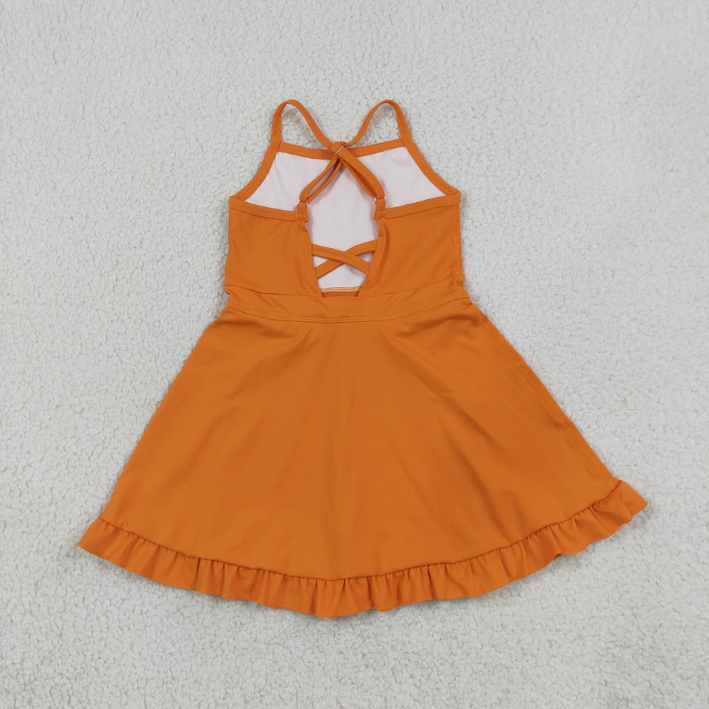 S0780 RTS Orange solid floral trim print active girl yoga dress