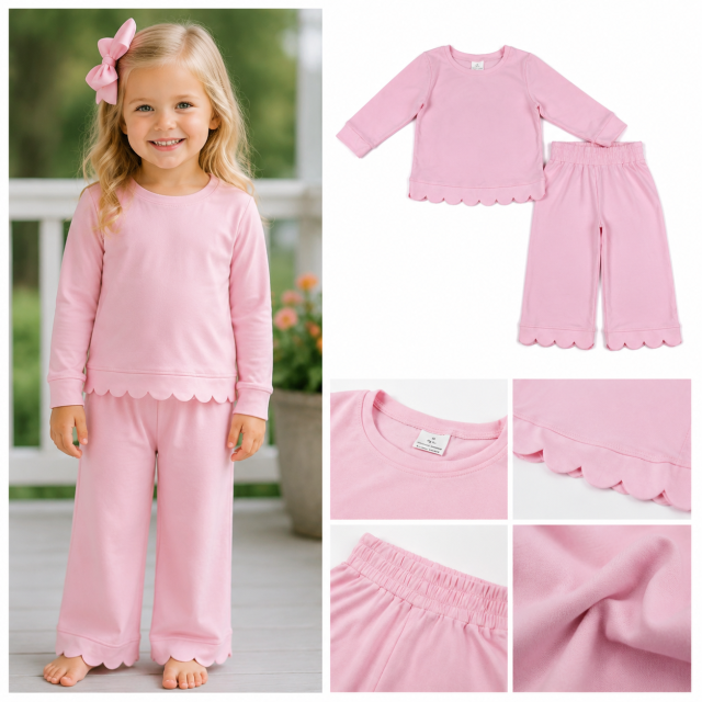 GLP3291  Light pink Solid scallop Print long sleeve girl outfits