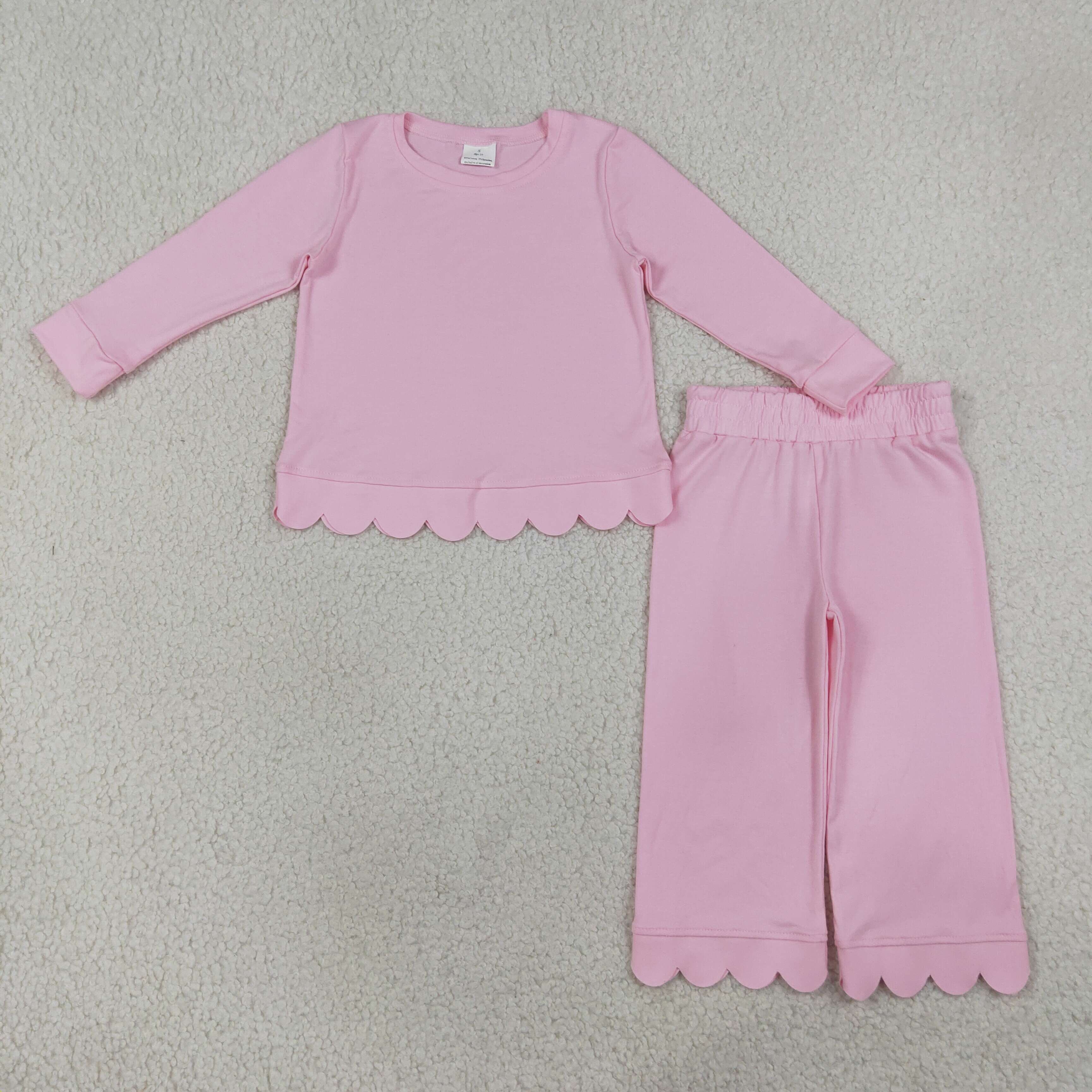 GLP3291  Light pink Solid scallop Print long sleeve girl outfits
