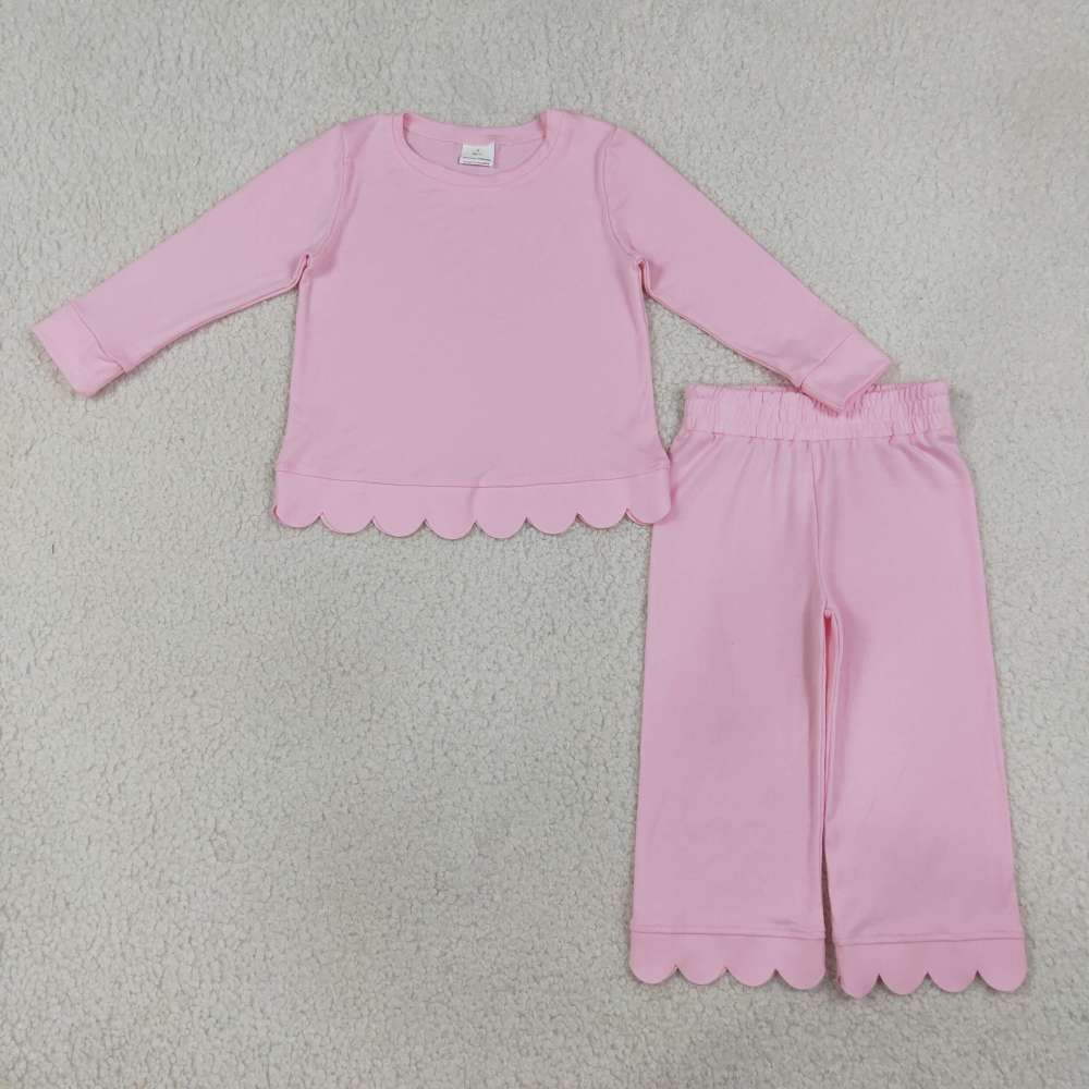 GLP3291  Light pink Solid scallop Print long sleeve girl outfits
