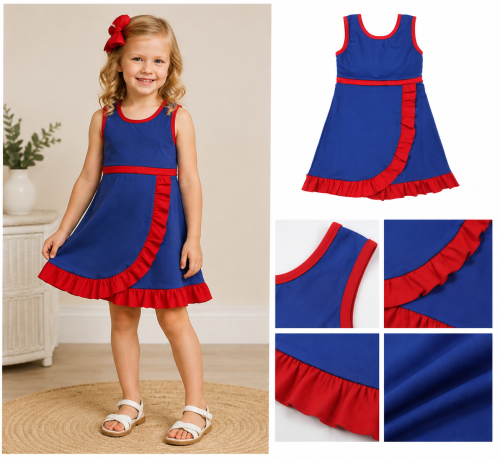 GSD4133 RTS Blue red trim print active girl yoga dress