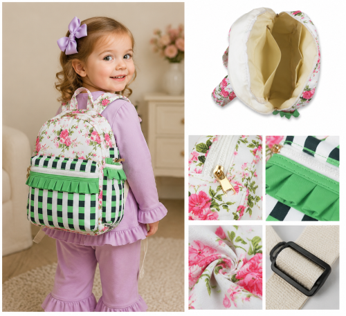 BA0218 flowers Green Black plaid print kids backpack
