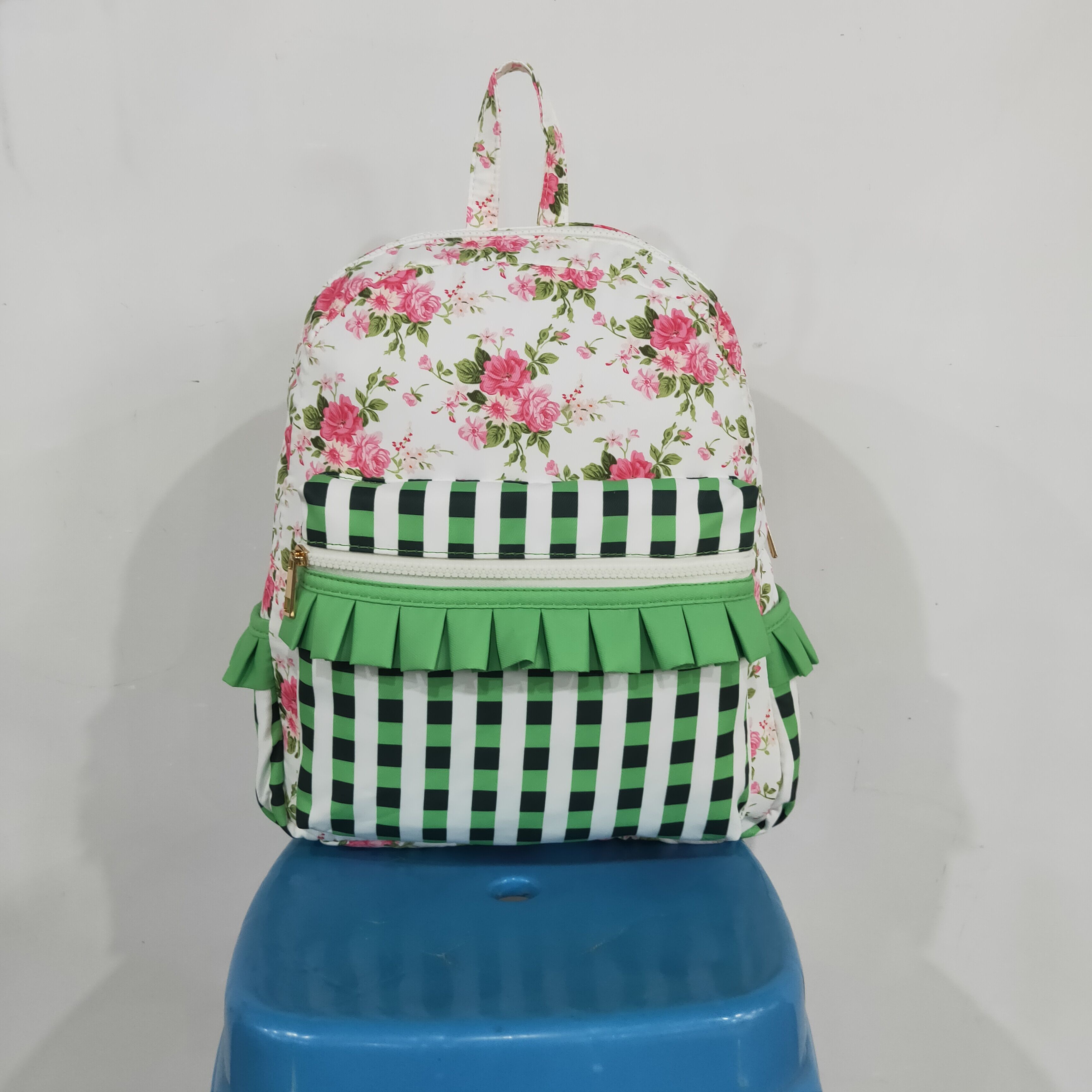 BA0218 flowers Green Black plaid print kids backpack
