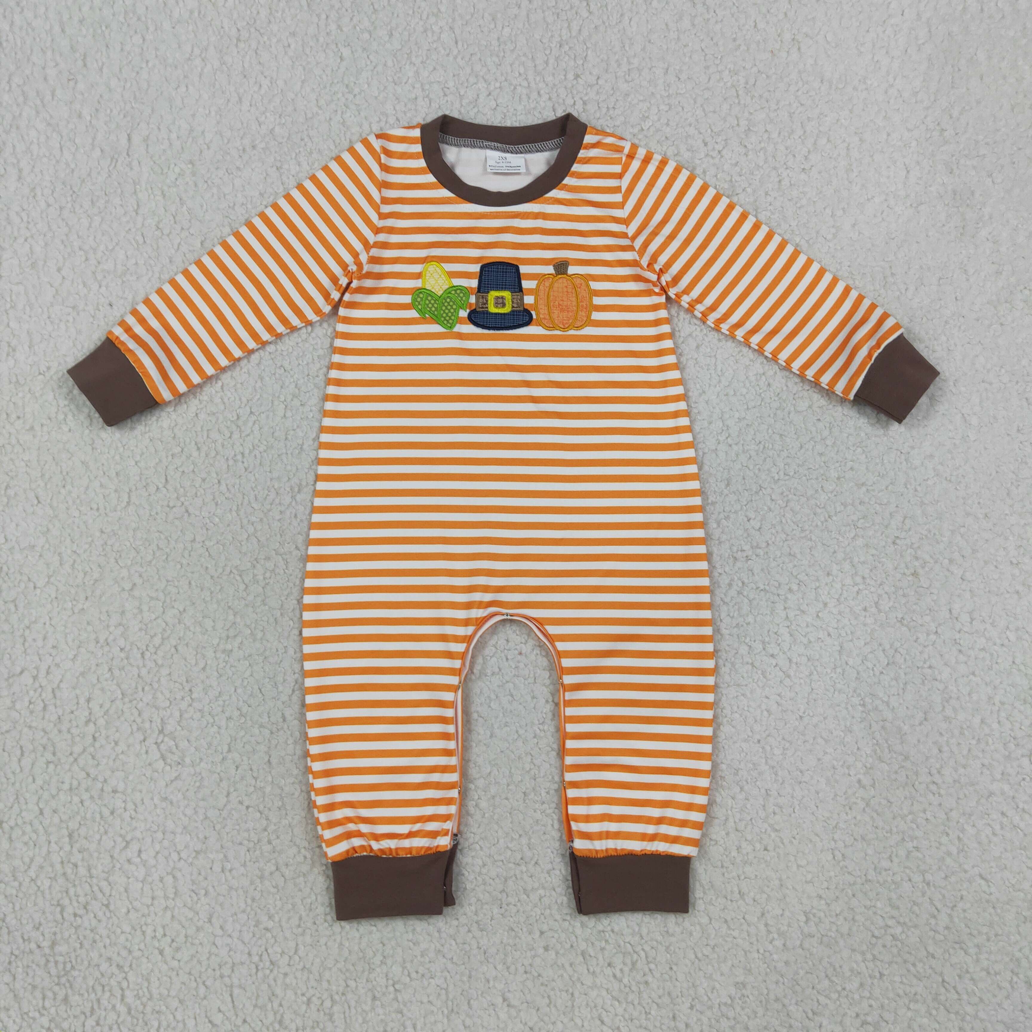 LR3037 Baby orange stripe pumpkin corn hat embroidery Long sleeve thanksgiving Rompers