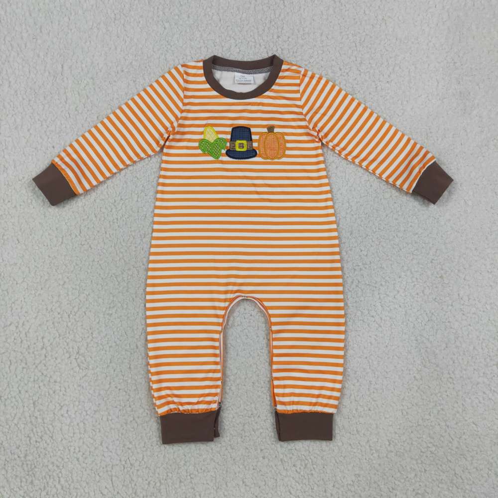 LR3037 Baby orange stripe pumpkin corn hat embroidery Long sleeve thanksgiving Rompers